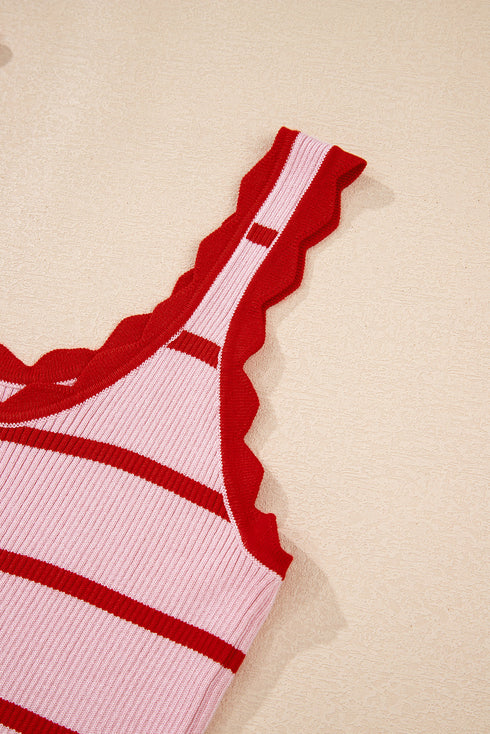 Striped Scalloped Trim Ribbed Knit Tank Top