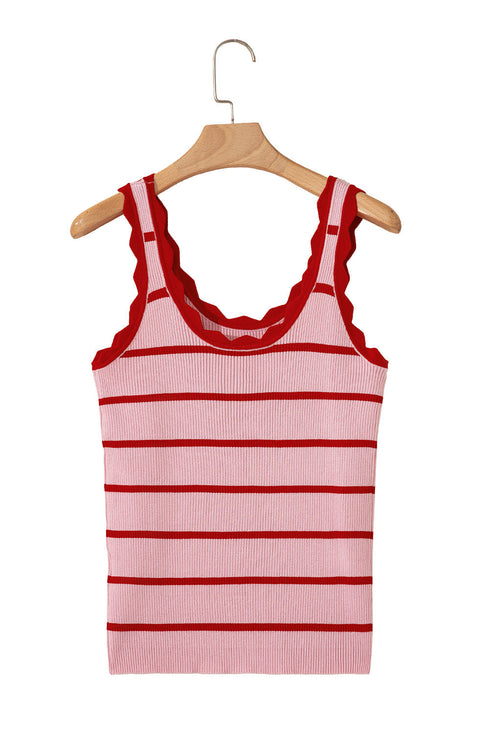 Striped Scalloped Trim Ribbed Knit Tank Top