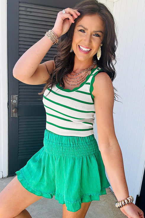 Striped Scalloped Trim Ribbed Knit Tank Top