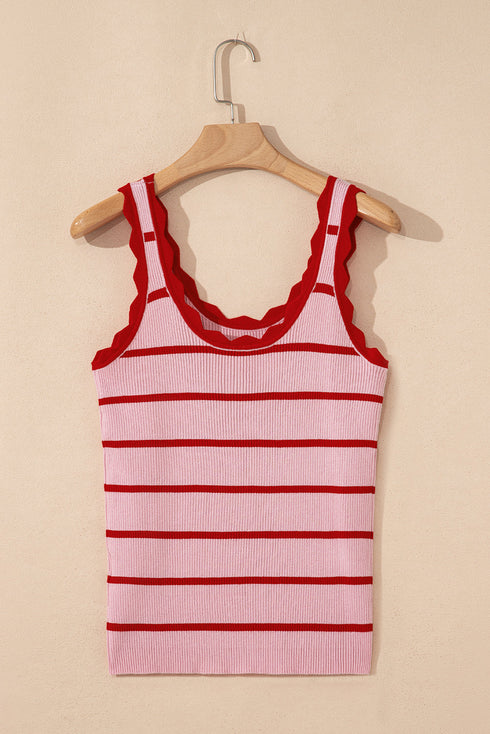 Striped Scalloped Trim Ribbed Knit Tank Top