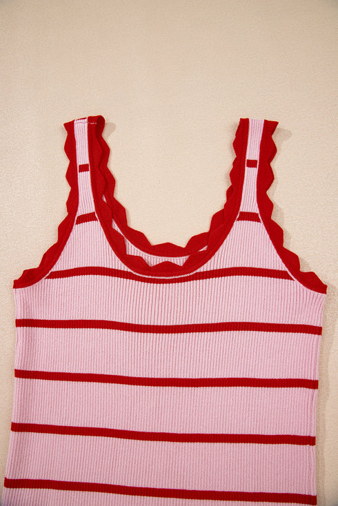 Striped Scalloped Trim Ribbed Knit Tank Top