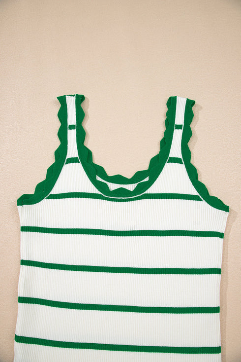 Striped Scalloped Trim Ribbed Knit Tank Top