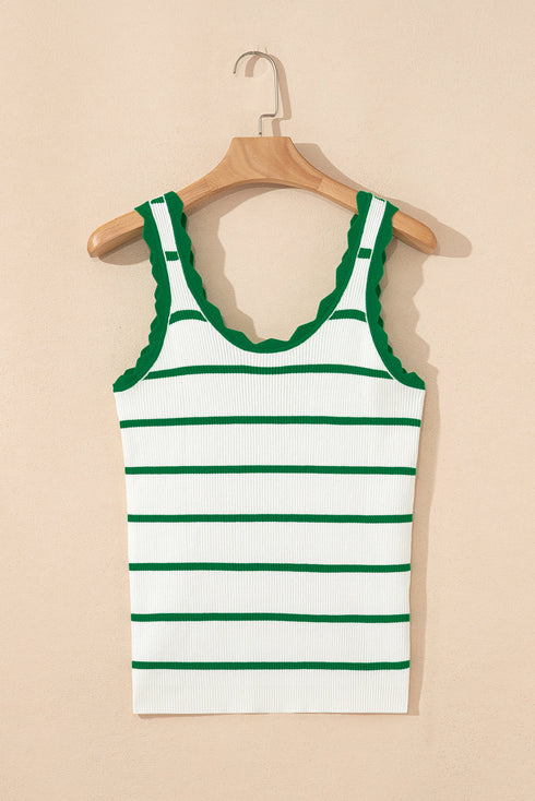 Striped Scalloped Trim Ribbed Knit Tank Top