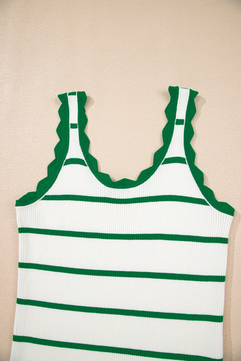 Striped Scalloped Trim Ribbed Knit Tank Top