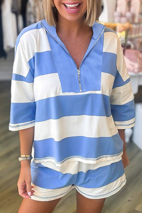 Striped Seam Detail Half Zip Oversized Tee Short Sets