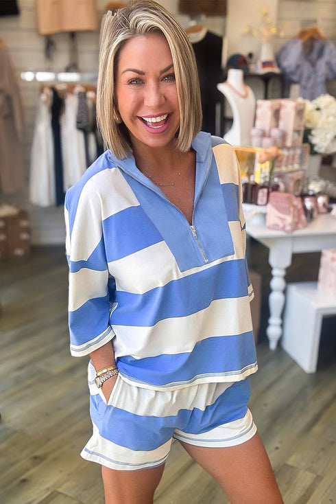 Striped Seam Detail Half Zip Oversized Tee Short Sets
