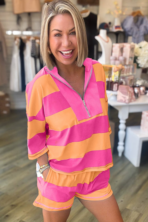 Striped Seam Detail Half Zip Oversized Tee Short Sets