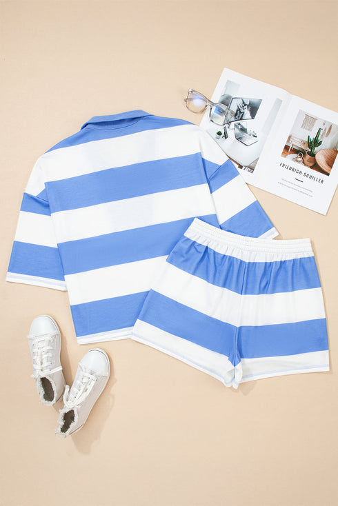Striped Seam Detail Half Zip Oversized Tee Short Sets