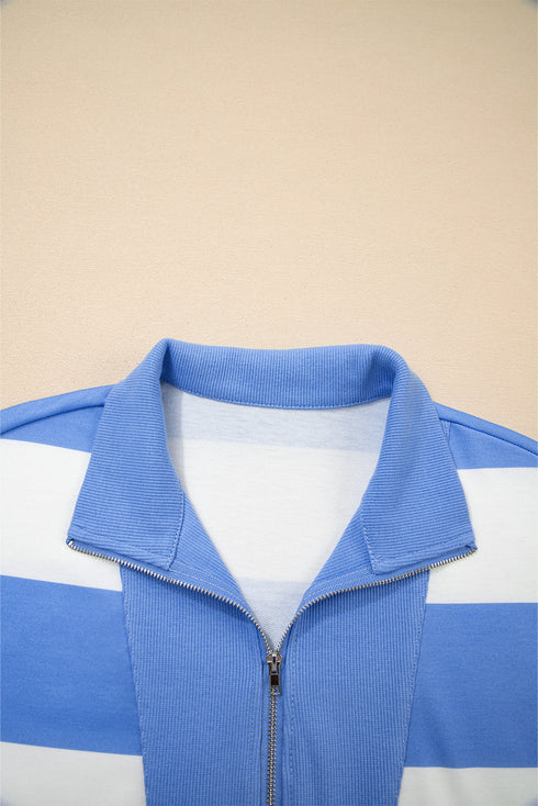Striped Seam Detail Half Zip Oversized Tee Short Sets