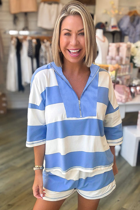 Striped Seam Detail Half Zip Oversized Tee Short Sets