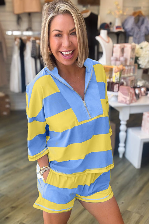 Striped Seam Detail Half Zip Oversized Tee Short Sets