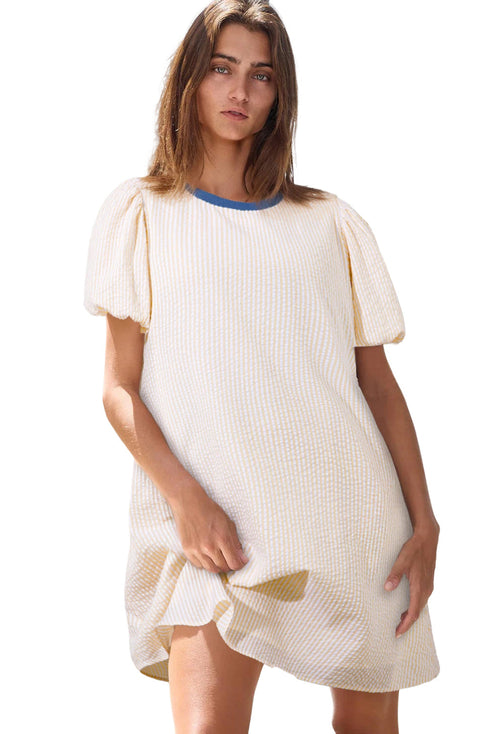 Striped Seersucker Puff Sleeve Textured T Shirt Dress