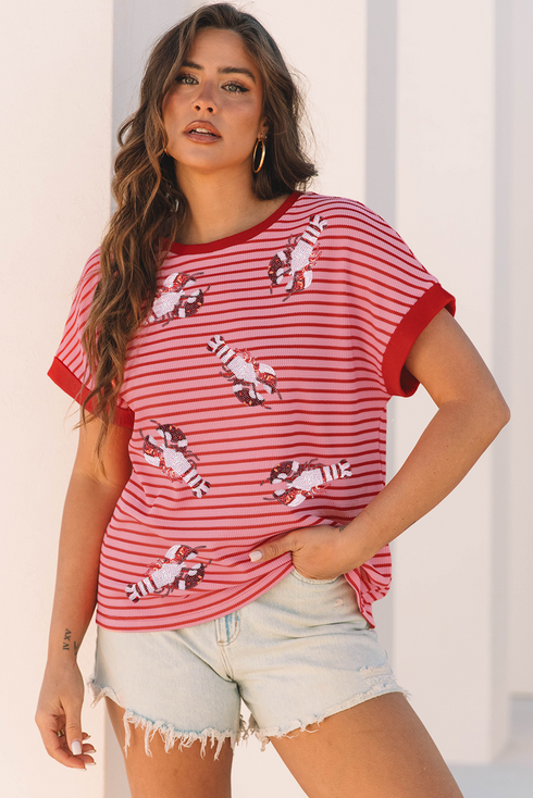 Striped Sequin Crawfish Graphic Crewneck Short Sleeve Tee
