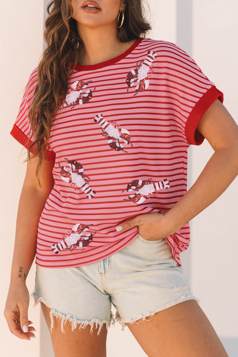 Striped Sequin Crawfish Graphic Crewneck Short Sleeve Tee