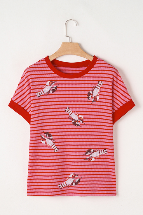 Striped Sequin Crawfish Graphic Crewneck Short Sleeve Tee