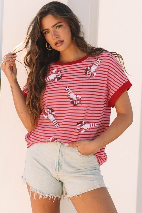 Striped Sequin Crawfish Graphic Crewneck Short Sleeve Tee