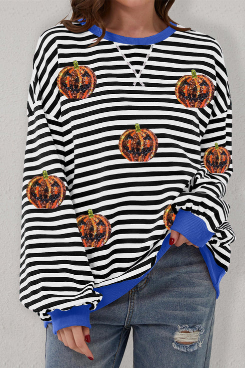 Striped Sequin Embellished Drop Shoulder Pullover Sweatshirt