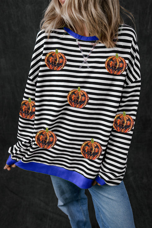 Striped Sequin Embellished Drop Shoulder Pullover Sweatshirt