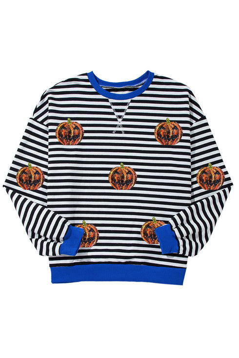 Striped Sequin Embellished Drop Shoulder Pullover Sweatshirt