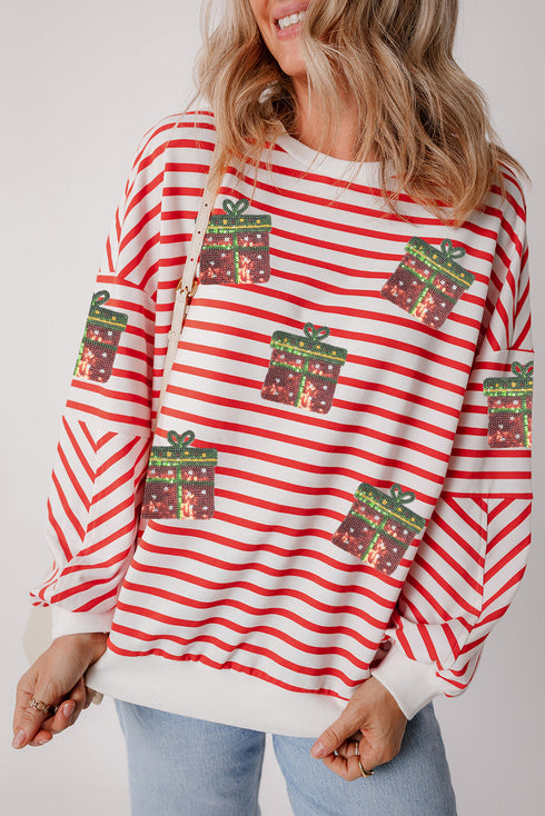 Striped Sequin Gift Patch Drop Shoulder Sweatshirt