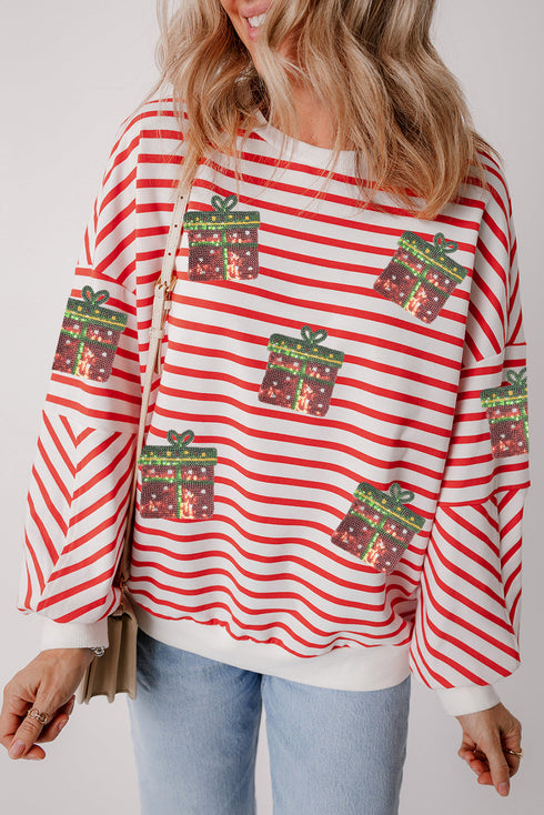 Striped Sequin Gift Patch Drop Shoulder Sweatshirt