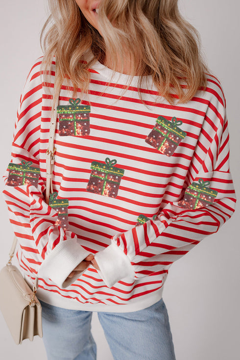 Striped Sequin Gift Patch Drop Shoulder Sweatshirt