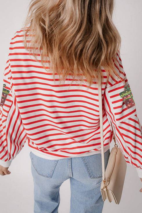 Striped Sequin Gift Patch Drop Shoulder Sweatshirt
