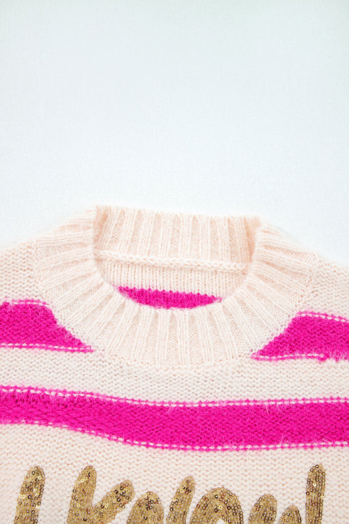Striped Sequin Graphic Crew Neck Knit Sweater