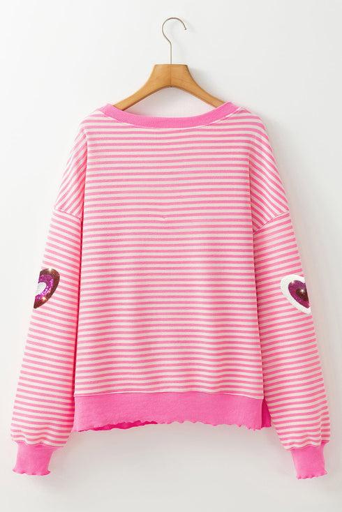 Striped Sequin Heart Patch Raw Edge Crew Neck Sweatshirt