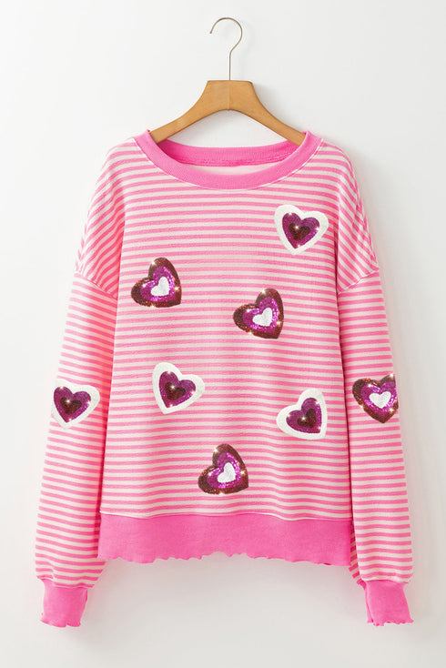 Striped Sequin Heart Patch Raw Edge Crew Neck Sweatshirt