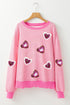 Striped Sequin Heart Patch Raw Edge Crew Neck Sweatshirt