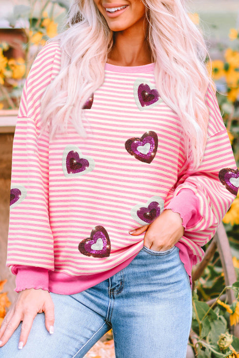 Striped Sequin Heart Patch Raw Edge Crew Neck Sweatshirt