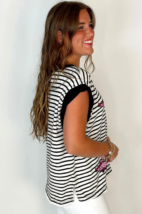 Striped Sequin Lobster Applique Jersey Tee