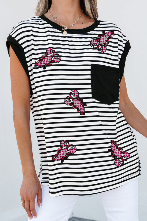 Striped Sequin Lobster Applique Jersey Tee