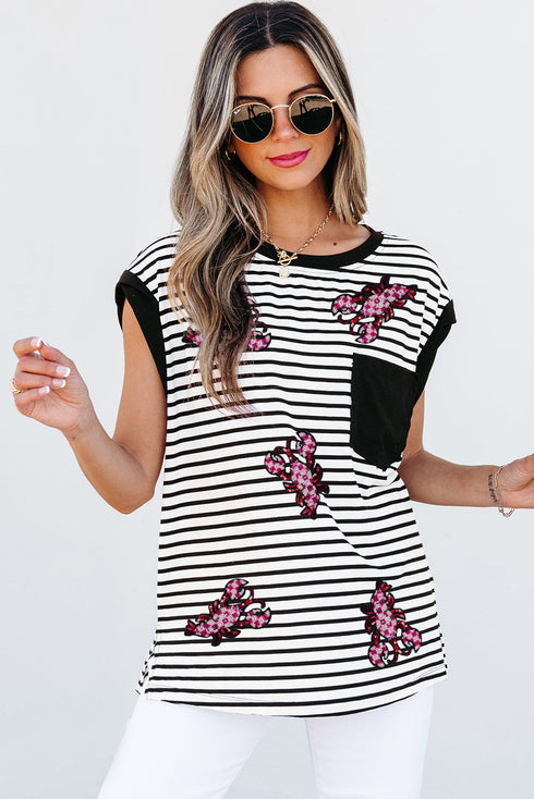 Striped Sequin Lobster Applique Jersey Tee