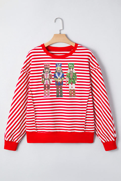 Striped Sequin Nutcracker Patch Drop Shoulder Tee
