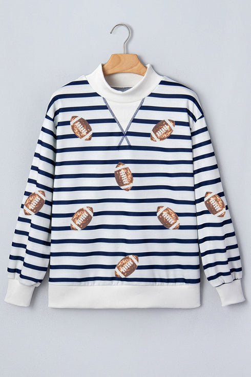 Striped Sequin Rugby Graphic Mock Neck Athletic Sweatshirt
