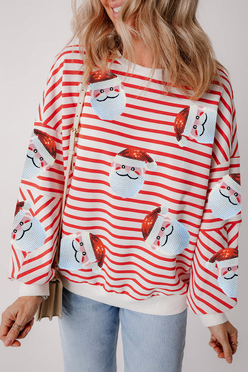 Striped Sequin Santa Patch Pullover Sweatshirt