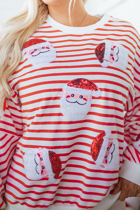 Striped Sequin Santa Patch Pullover Sweatshirt