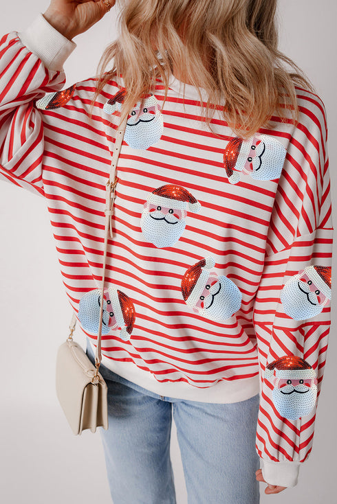Striped Sequin Santa Patch Pullover Sweatshirt