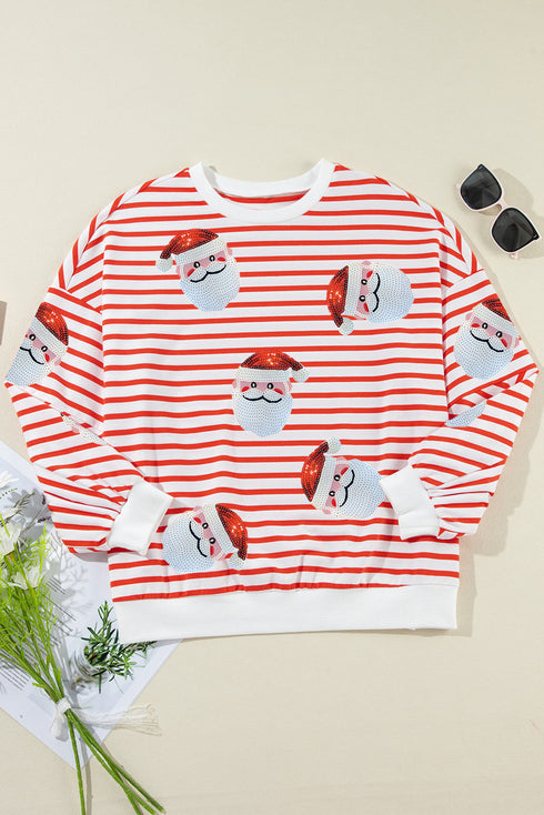 Striped Sequin Santa Patch Pullover Sweatshirt