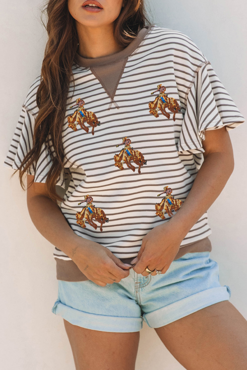 Striped Sequin Western Patch Ruffled Sleeve Graphic Top