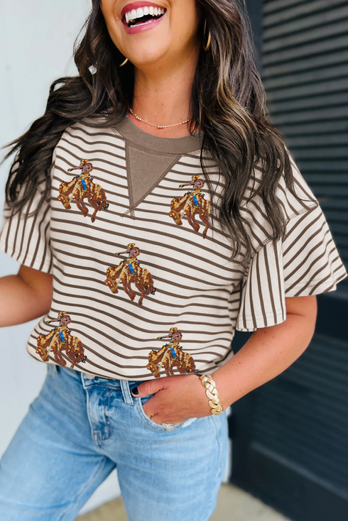 Striped Sequin Western Patch Ruffled Sleeve Graphic Top