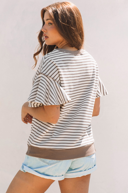 Striped Sequin Western Patch Ruffled Sleeve Graphic Top