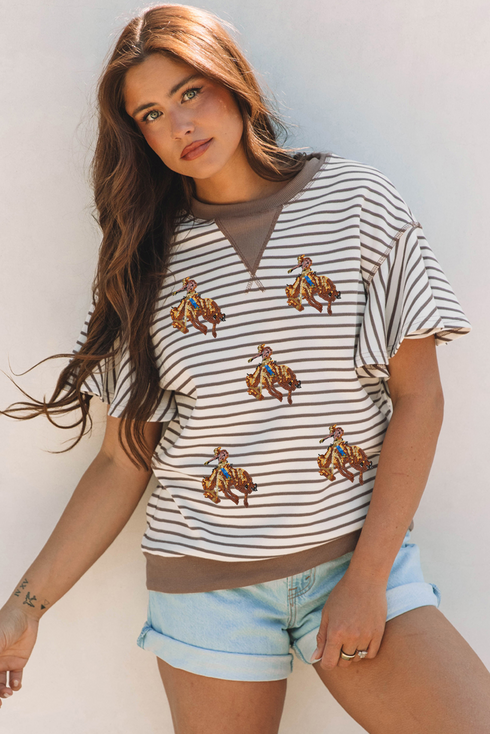 Striped Sequin Western Patch Ruffled Sleeve Graphic Top