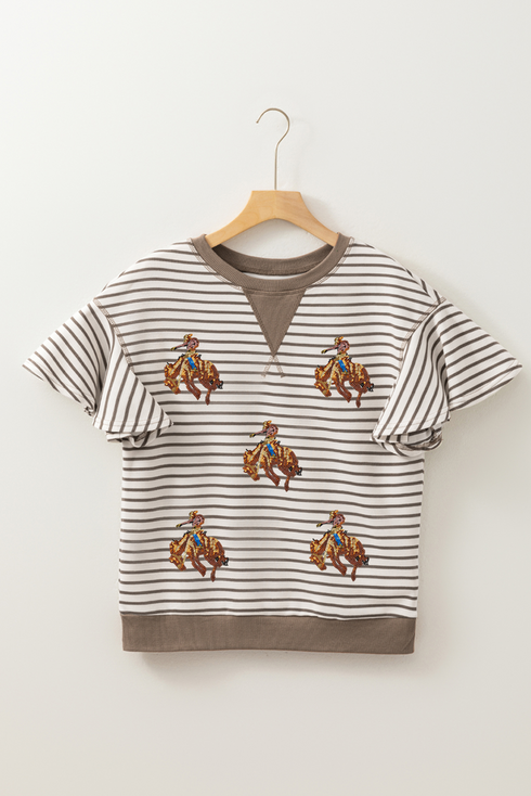 Striped Sequin Western Patch Ruffled Sleeve Graphic Top