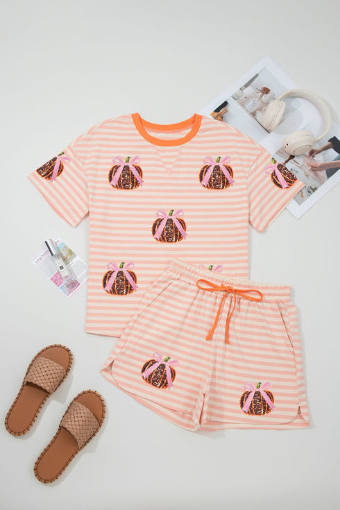 Striped Sequined Pumpkin Relaxed Tee Drawstring Shorts Two Piece Set