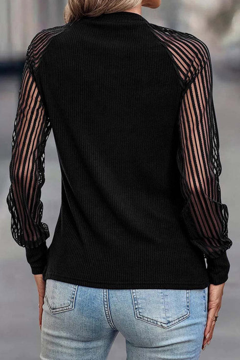 Striped Sheer Ribbed Mesh Long Sleeve Crew Neck Top
