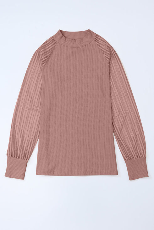 Striped Sheer Ribbed Mesh Long Sleeve Crew Neck Top