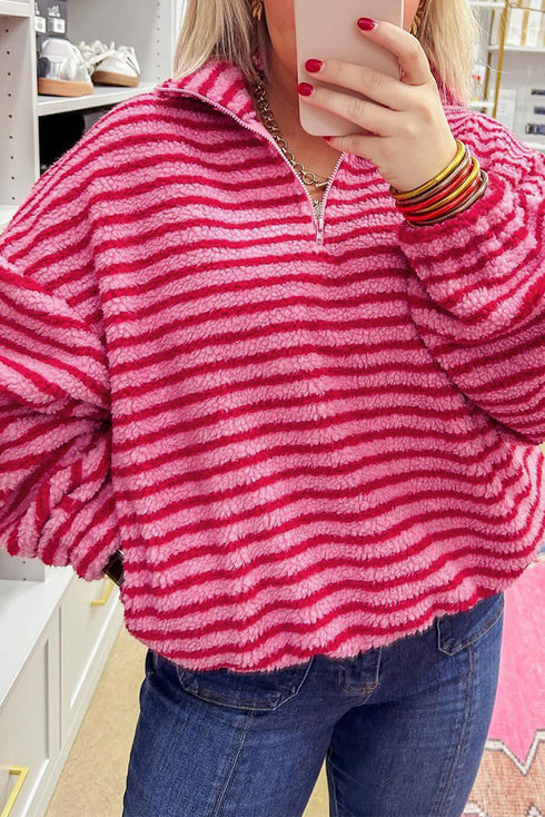Striped Sherpa Quarter Zip Long Sleeve Pullover